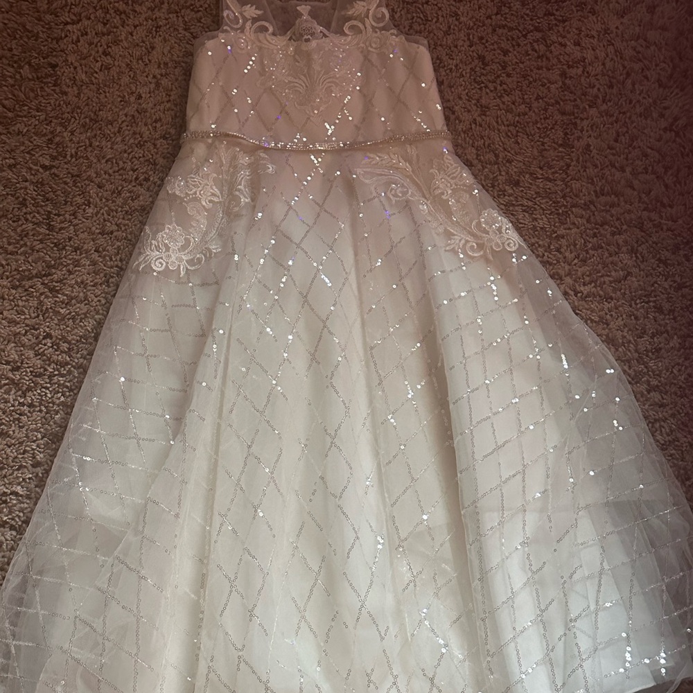 David's Bridal Pink and White Sequin Embellished flower girl dress